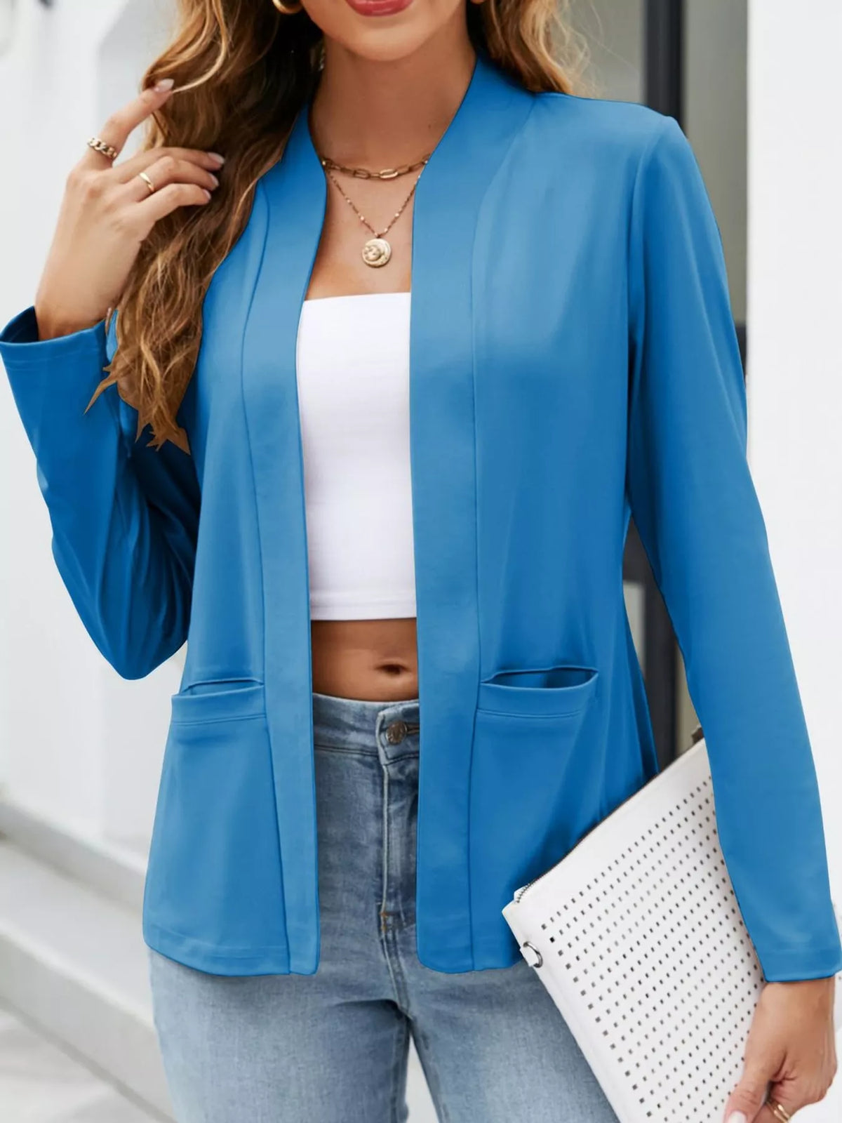 Mandarin neck long sleeve blazer, front view on model