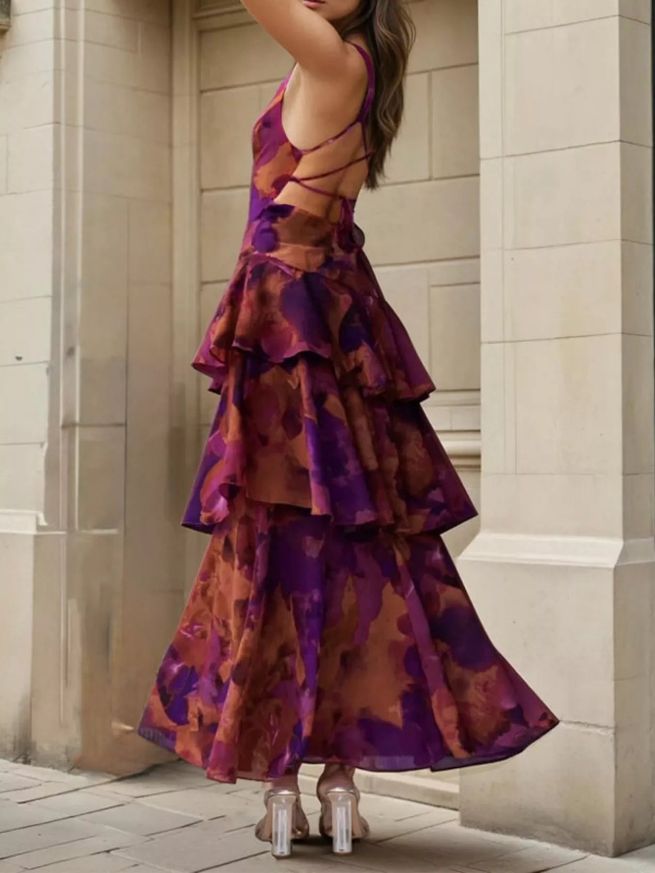 Trendsi Floral V-Neck Ruffle Layered Maxi Dress -