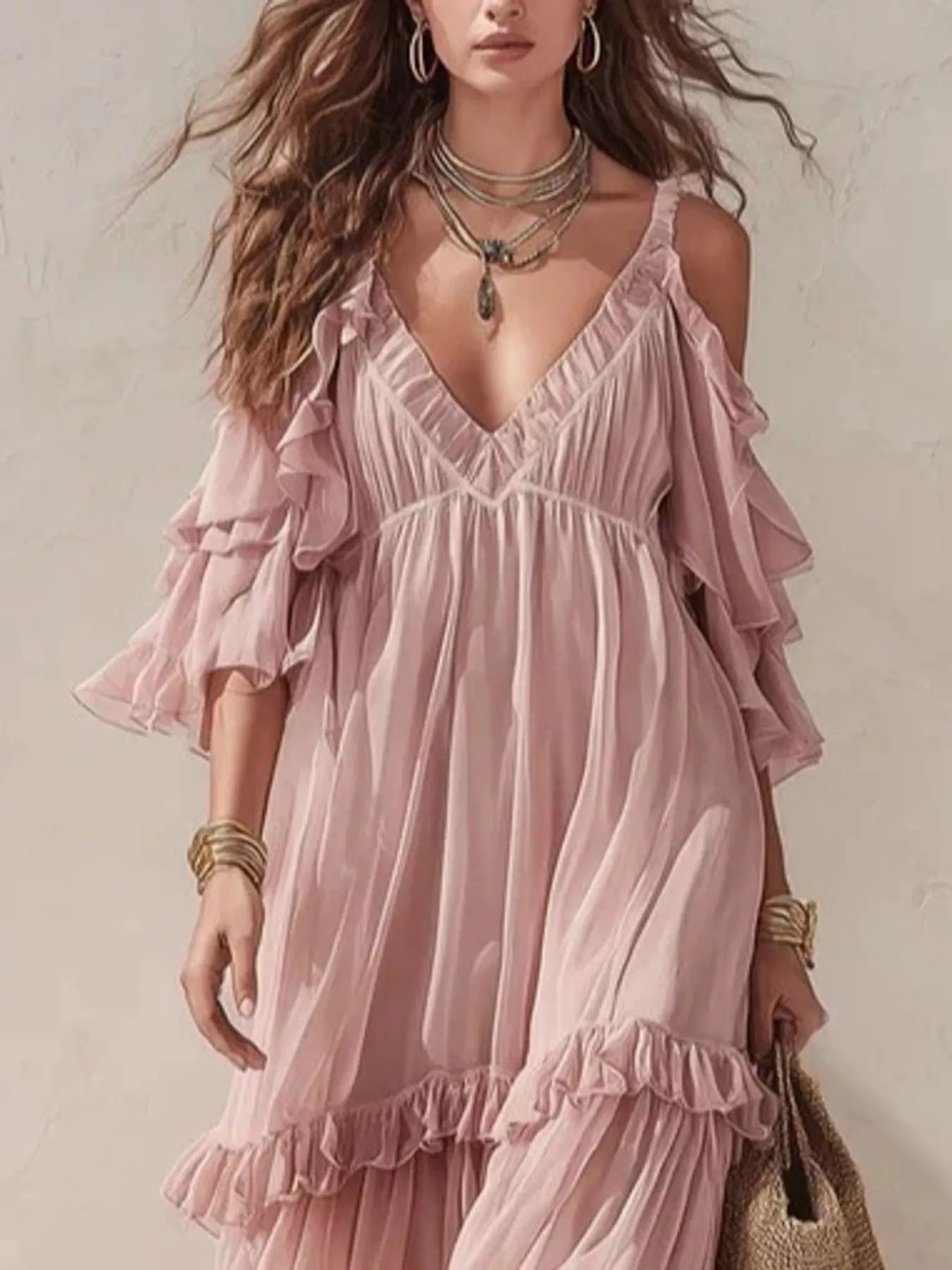 Trendsi Cold-Shoulder Ruffled Maxi Dress -