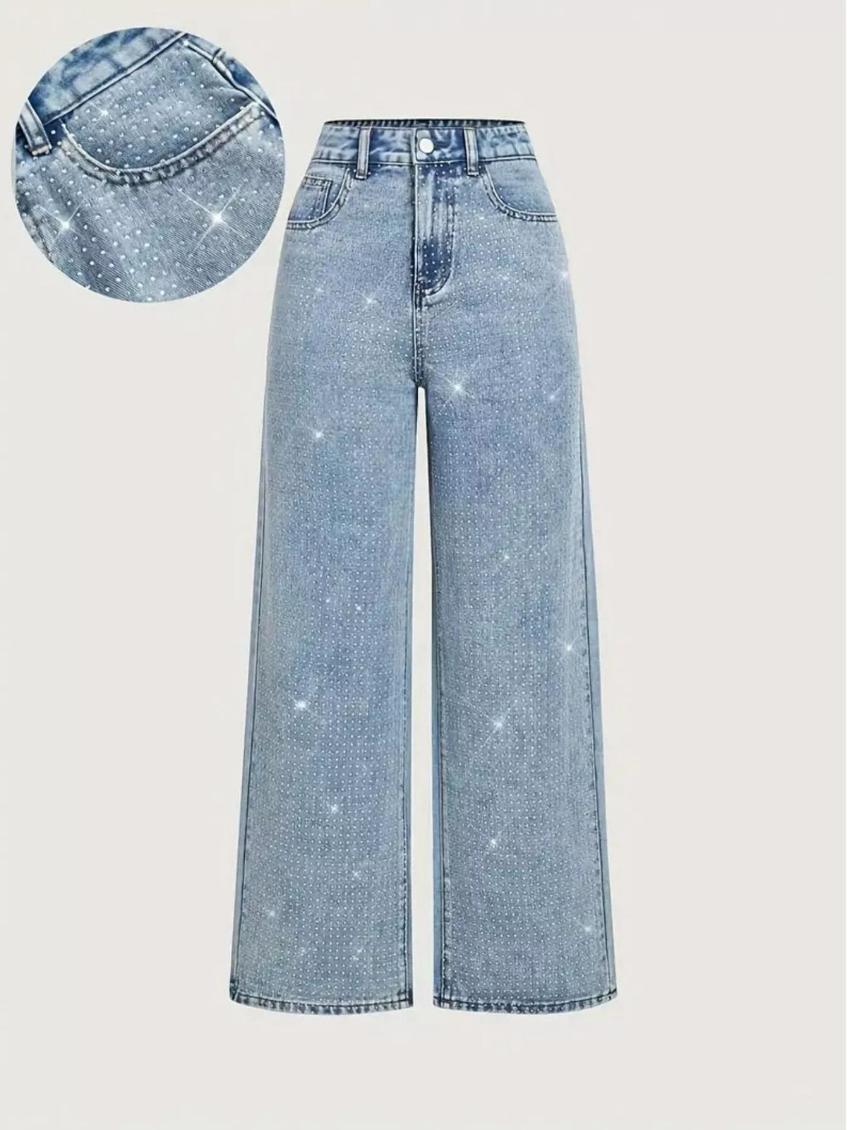 Light blue high-waisted rhinestone wide-leg jeans — front view