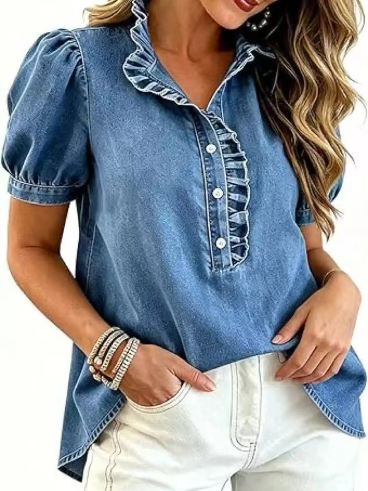 Trendsi Frill Puff Sleeve Denim Top -