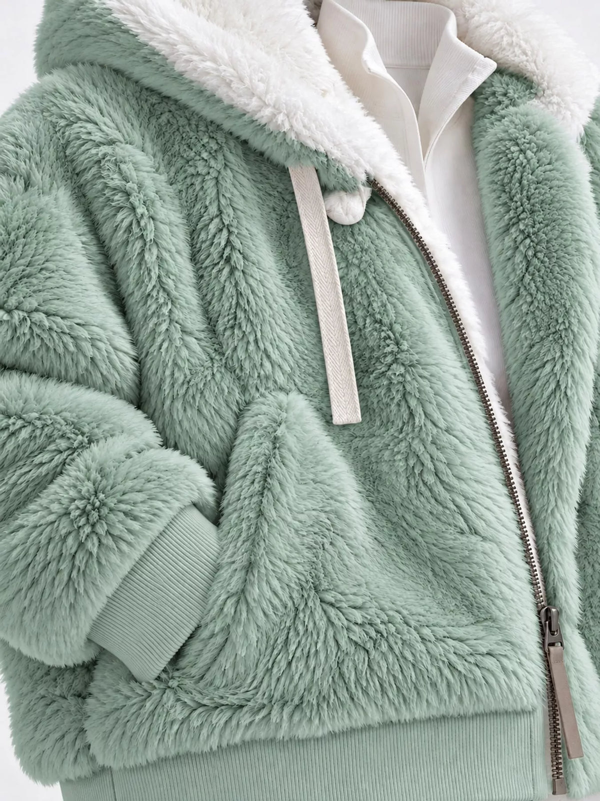 Green with white hood trim faux fur zip up hooded jacket, detail view