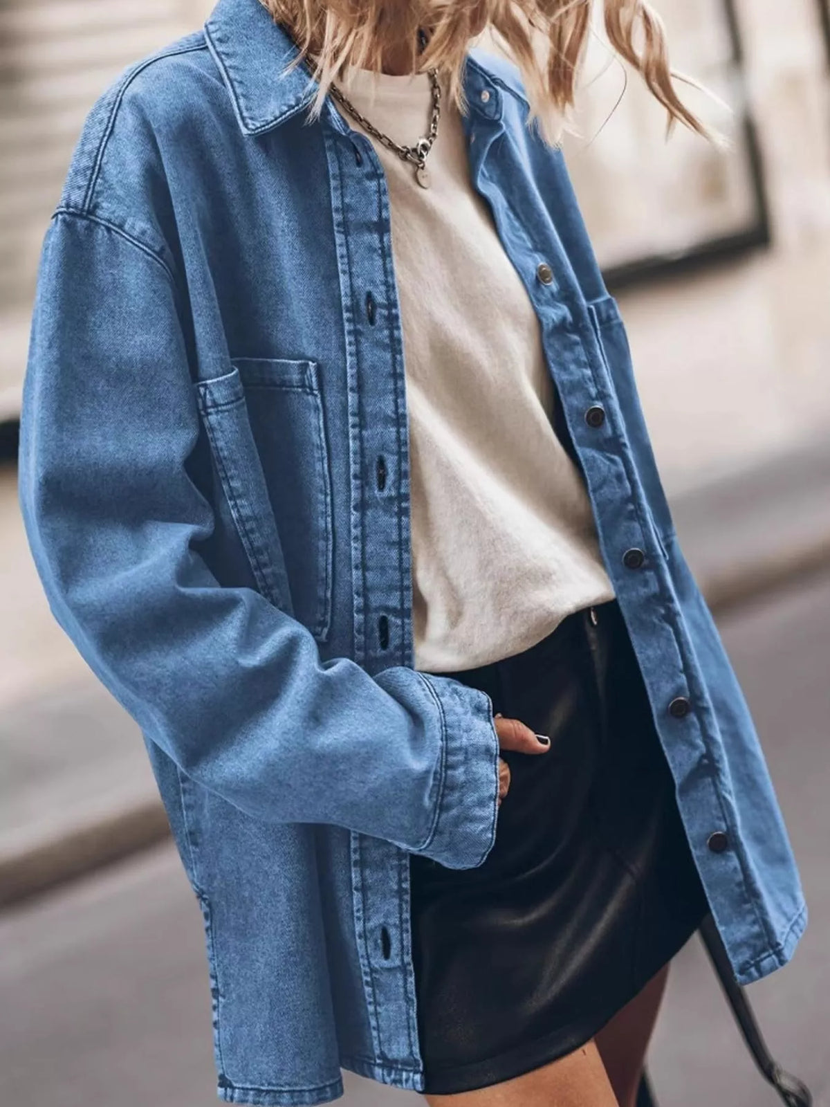 Button-Up Dropped Shoulder Denim Shacket — front view