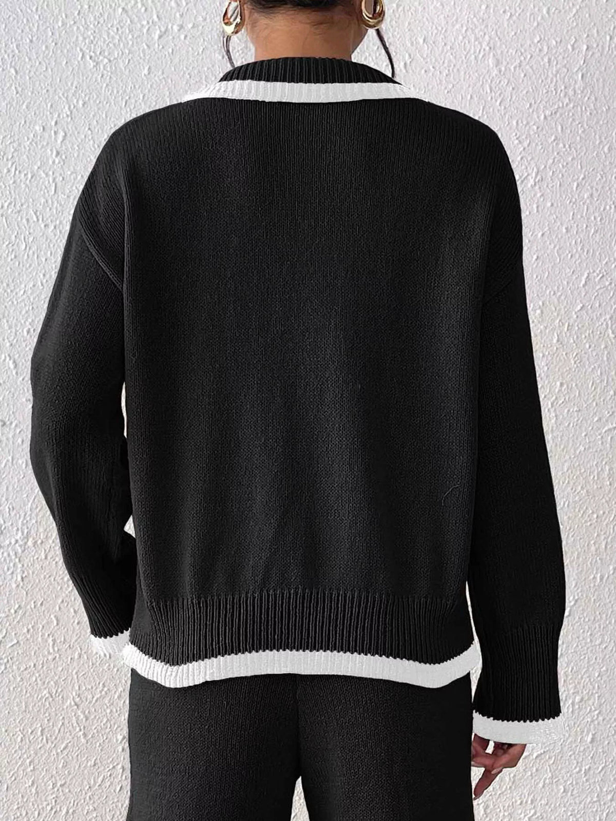 Black contrast-trim polo collar sweater, back view
