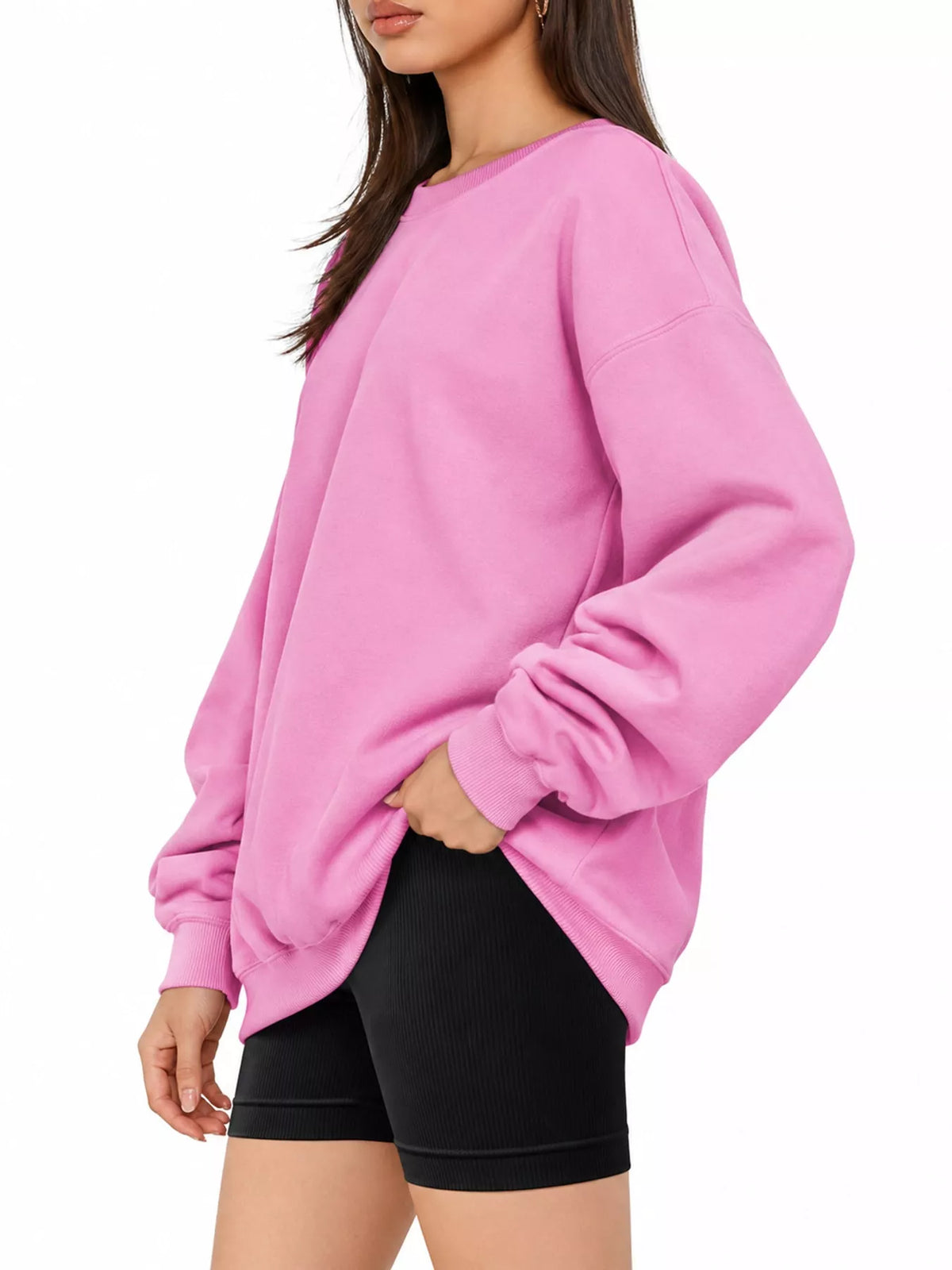 Ribbed Trim Crew Neck Sweatshirt in pink, side view