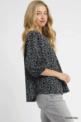 Trendsi Umgee Leopard Print Jacquard Blouse with Puff Sleeves -