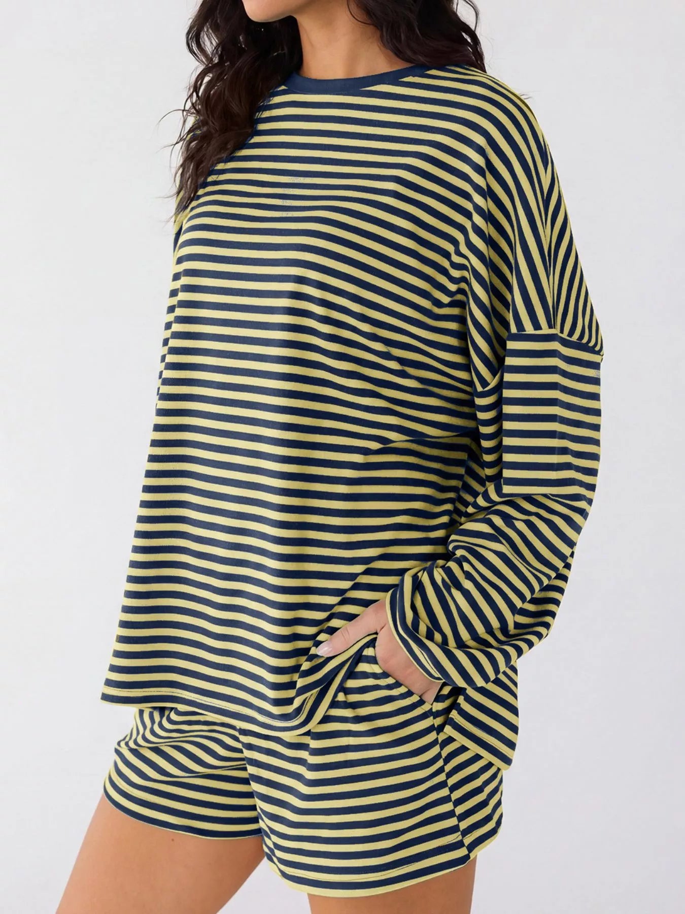 Trendsi Casual Striped Long Sleeve Top and Shorts Set -