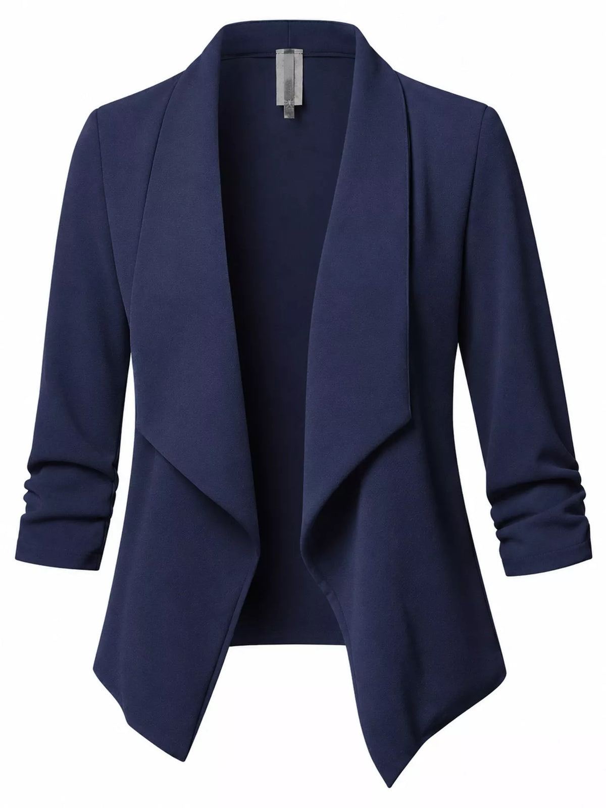 Navy open-front blazer with ruched 3/4 sleeves