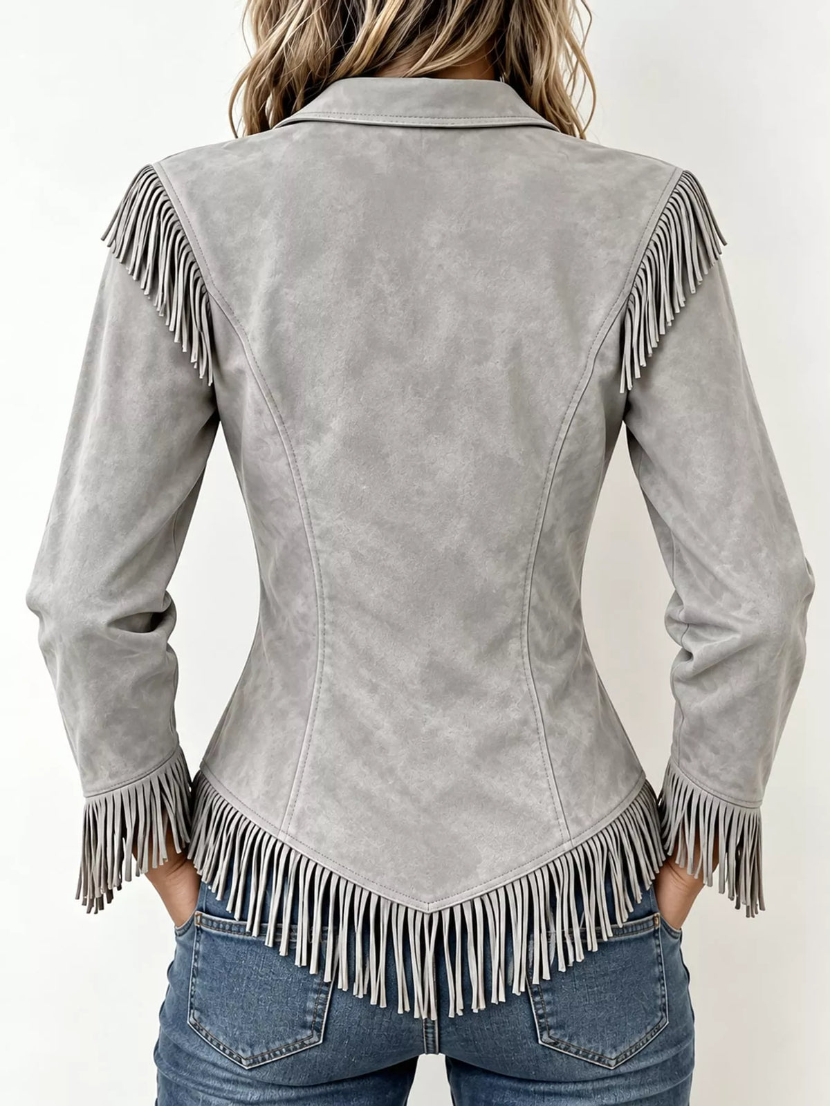 Fringe-detail shirt, gray back