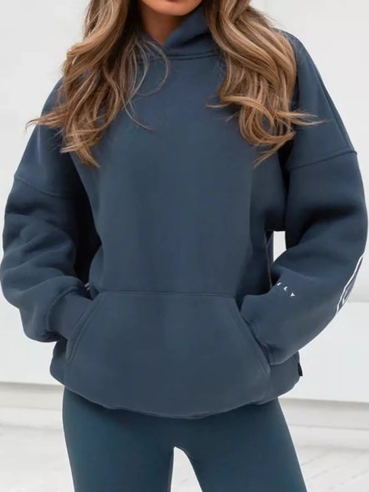 Slate blue letter-print pullover hoodie with kangaroo pocket