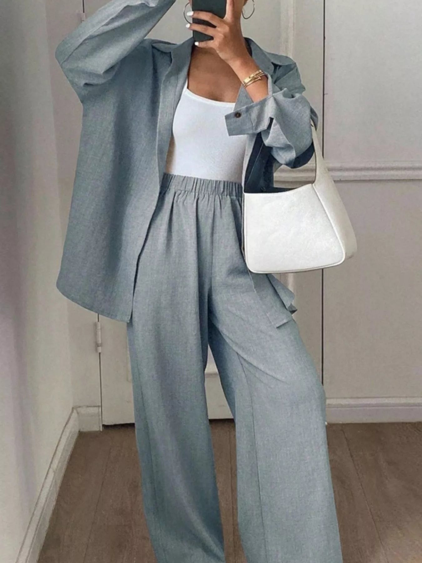 Trendsi Button Up Long Sleeve Shirt and Wide Leg Pants Set -