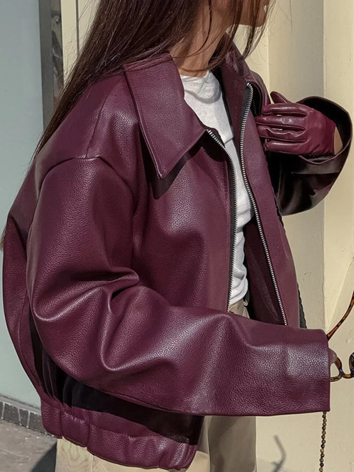 Vintage Faux Leather Zip-Up Jacket — side view