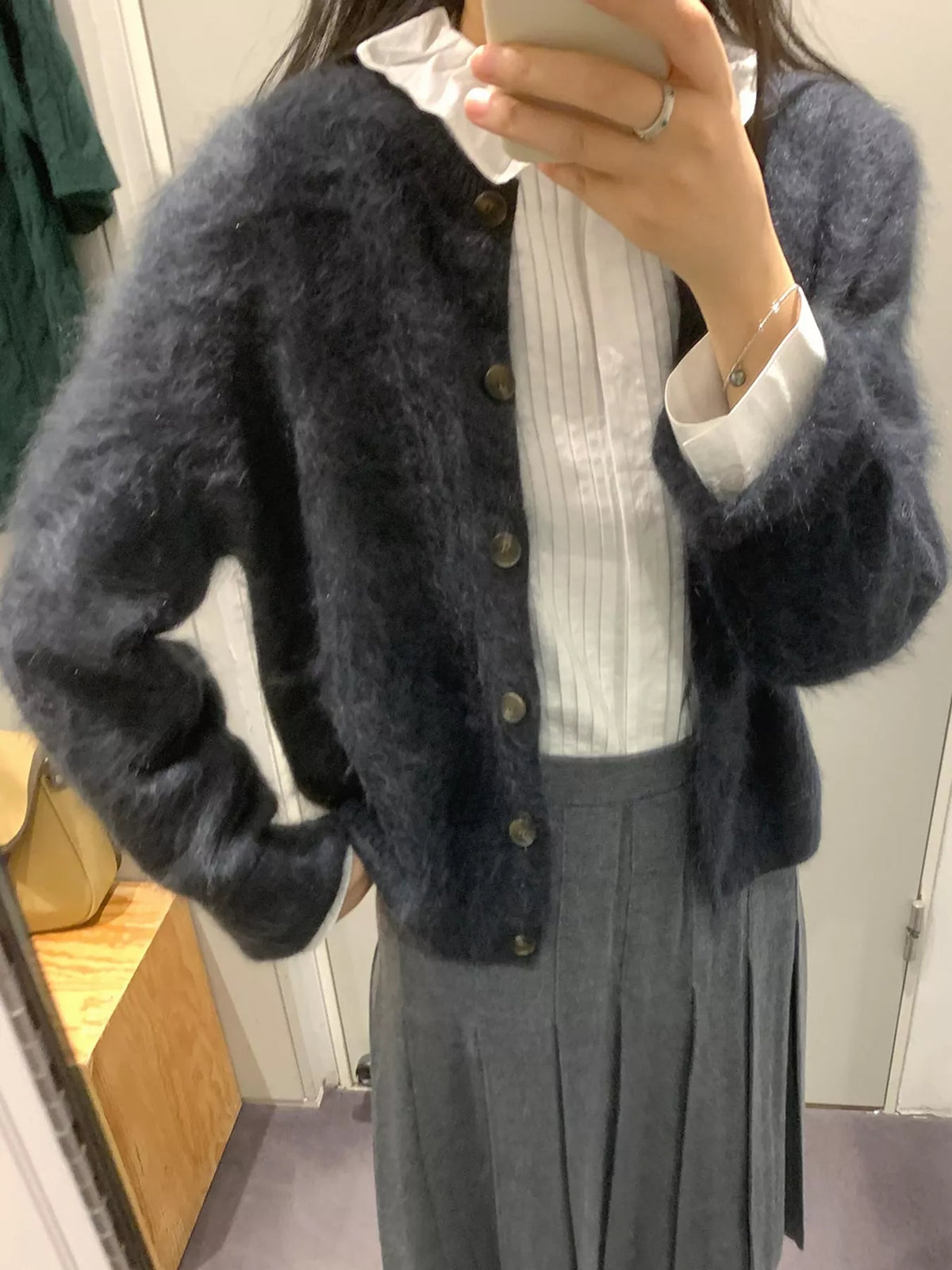 Dark Gray fuzzy button up cropped cardigan