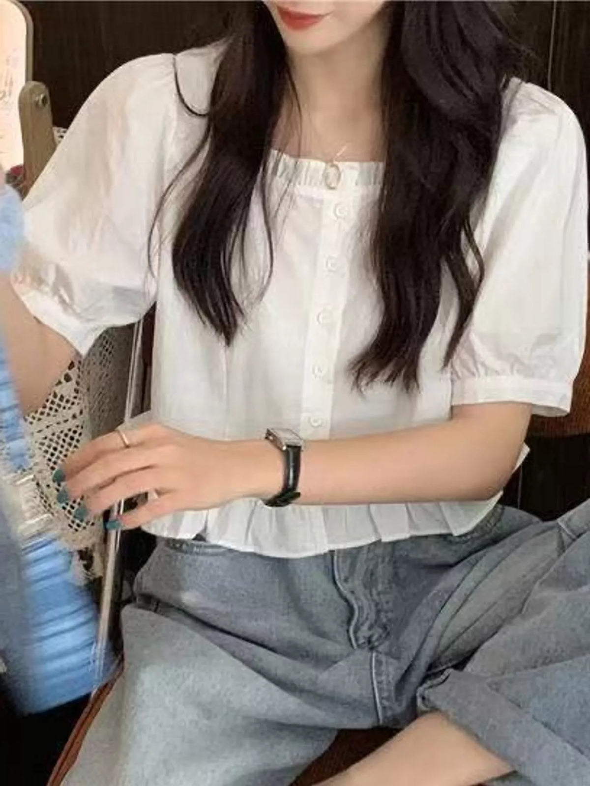 Ruffled Hem Button-Down Shirt — front view