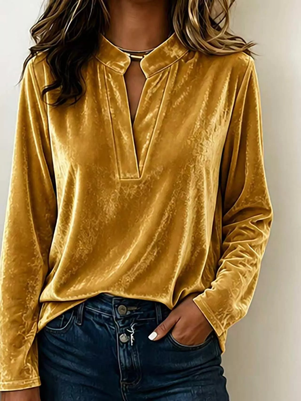 Trendsi Full Size Velvet Notched Long Sleeve Blouse Plus Size -
