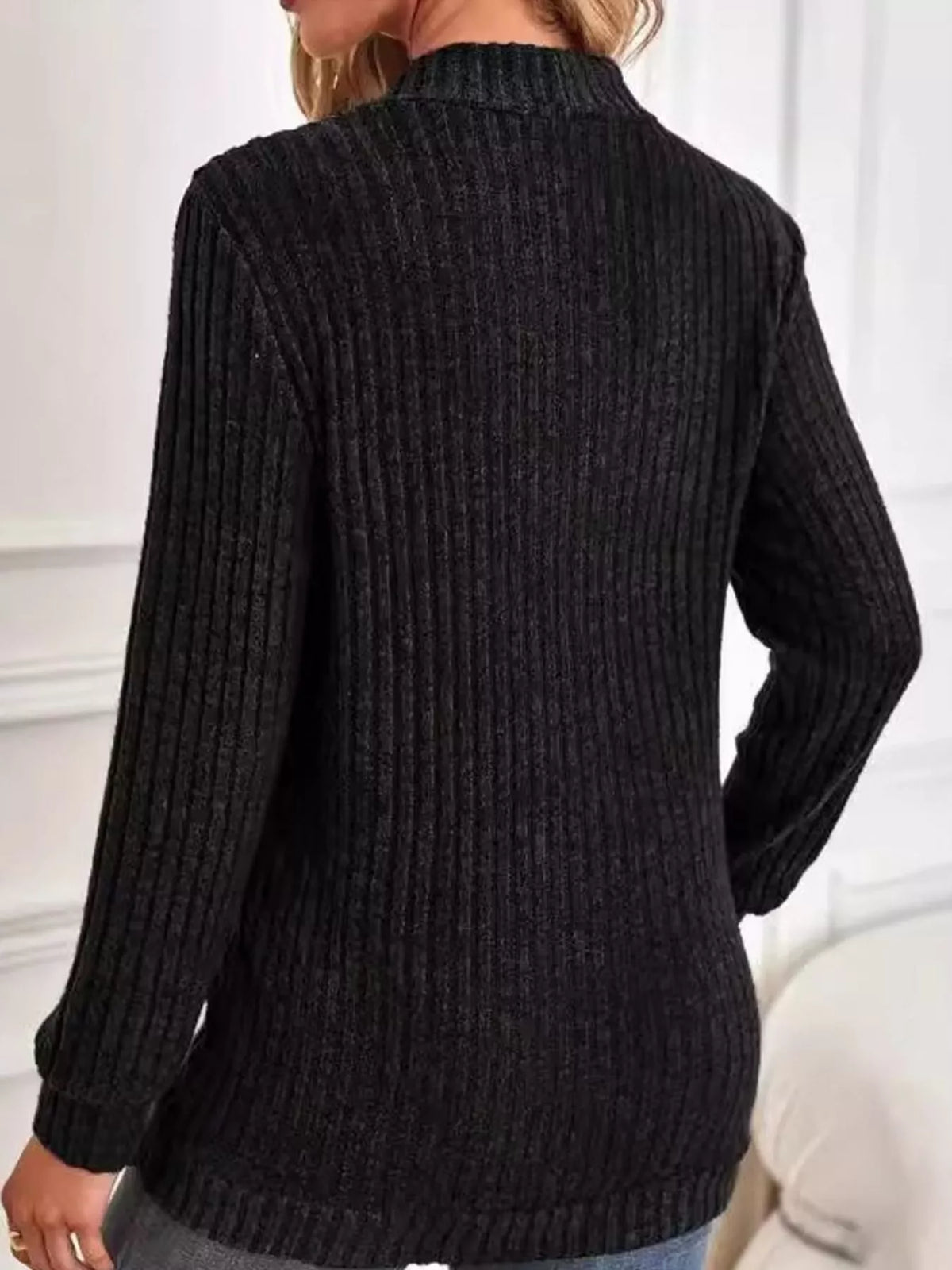 Ribbed Knit Open Front Cardigan with Pockets — back view