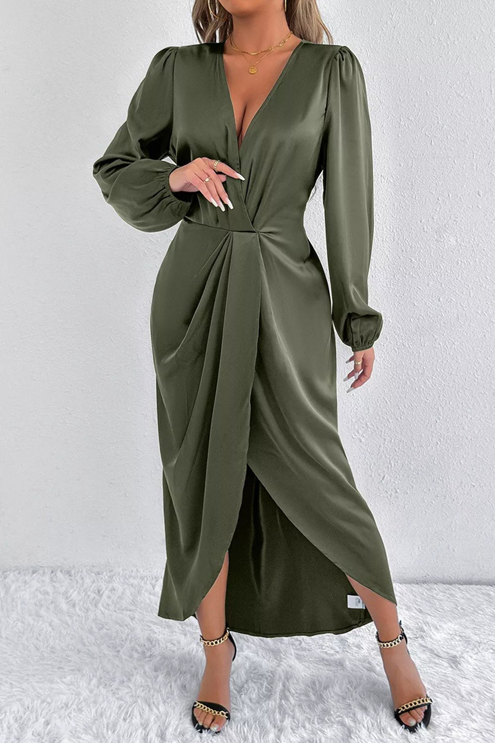 Trendsi Satin Balloon Sleeve Midi Dress -