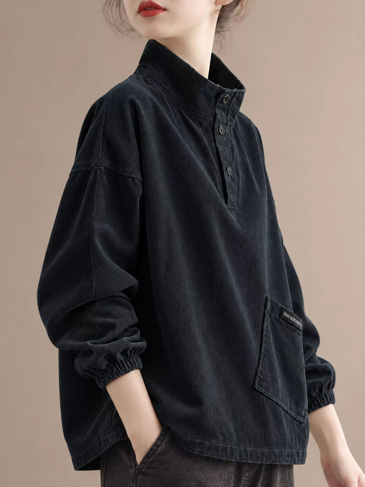 Black-New Arrival-Spring And Fall button detail dropped shoulder sweatshirt