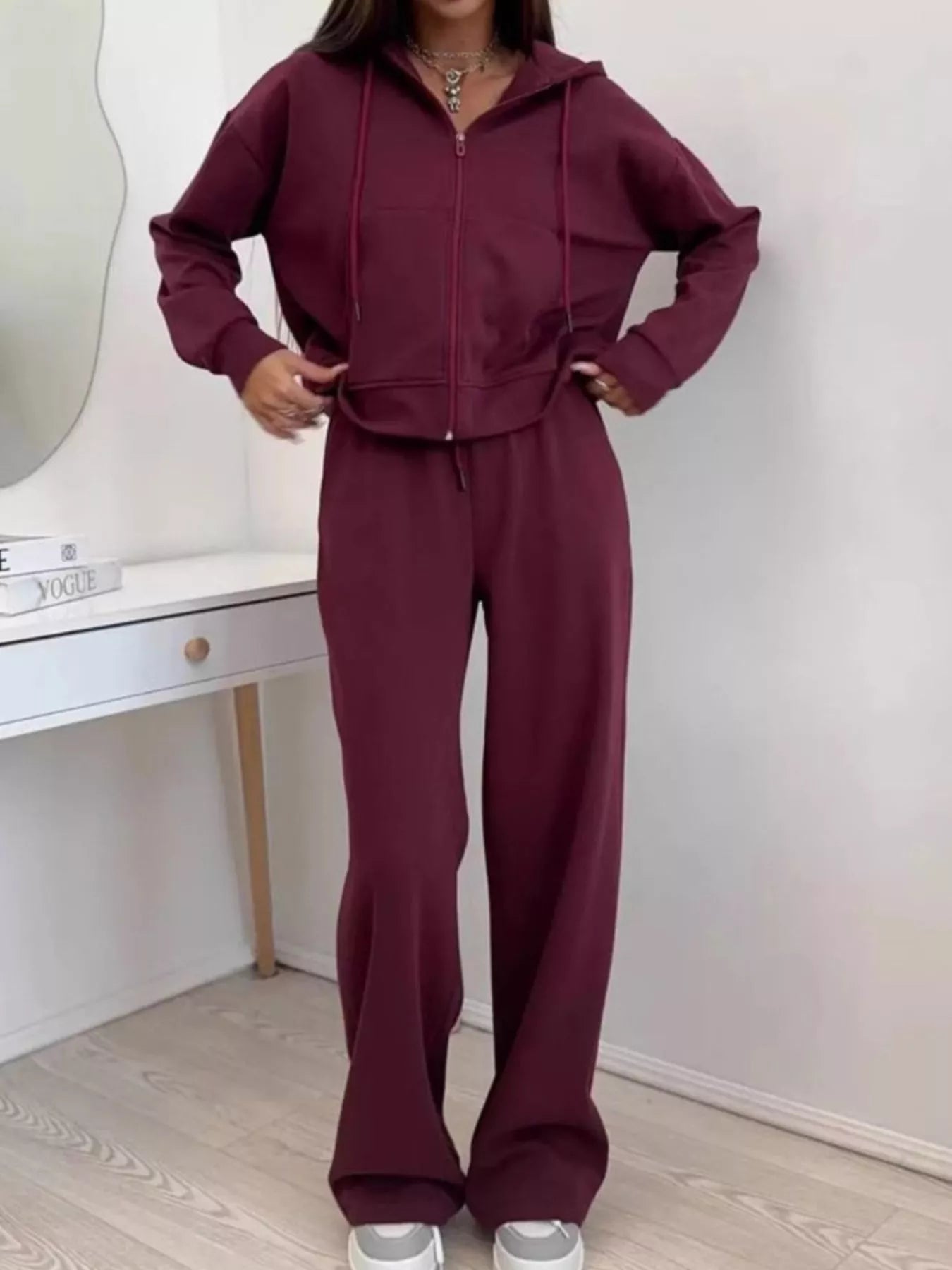 Trendsi Zip-Up Hoodie and Wide-Leg Pants Set -