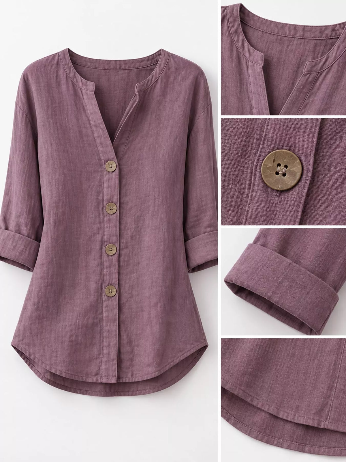 Notched-neck shirt, purple neckline button cuff and hem details