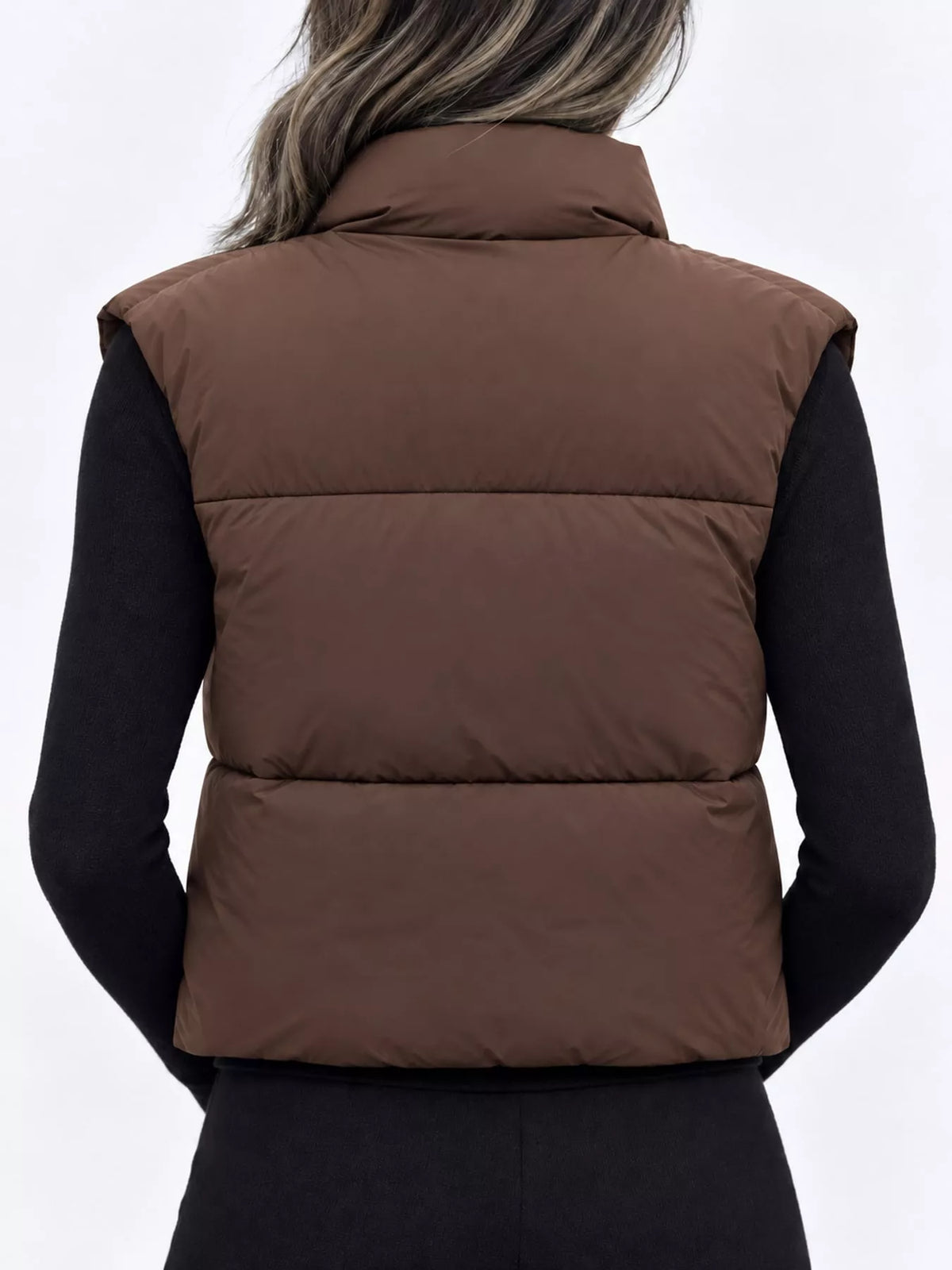Cropped Zip-Up Puffer Vest in brown, back view