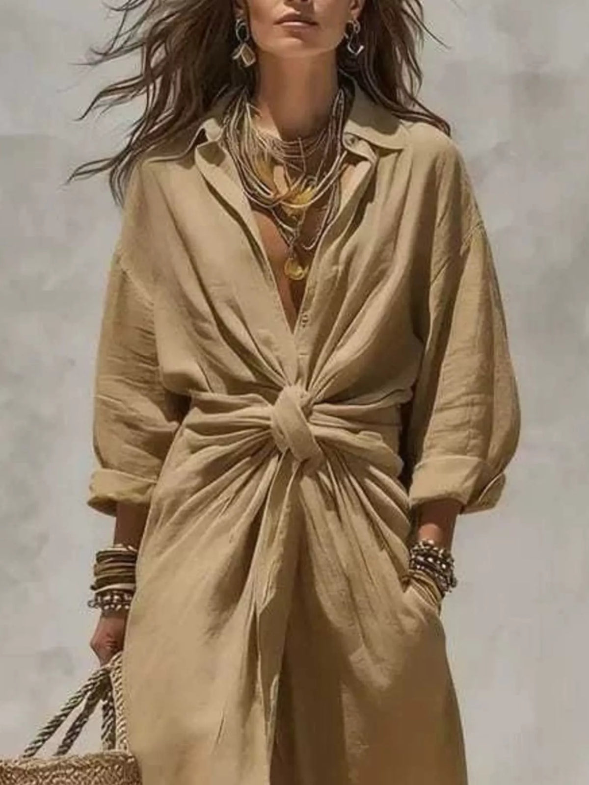 Tan front-tie linen blend maxi dress — design and construction details