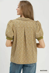 Trendsi Umgee Printed Collared Puff Sleeve Top - Pants