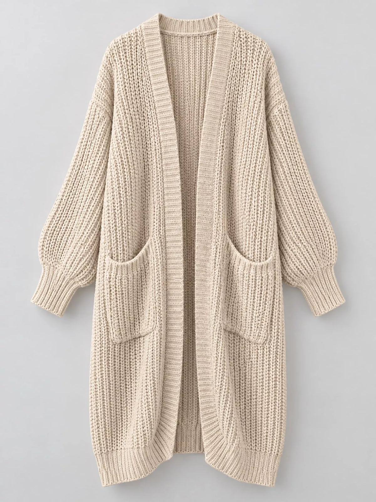 Longline knit cardigan, cream flat lay