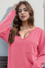 Trendsi Double Take Striped Notched Long Sleeve T-Shirt - Shirts