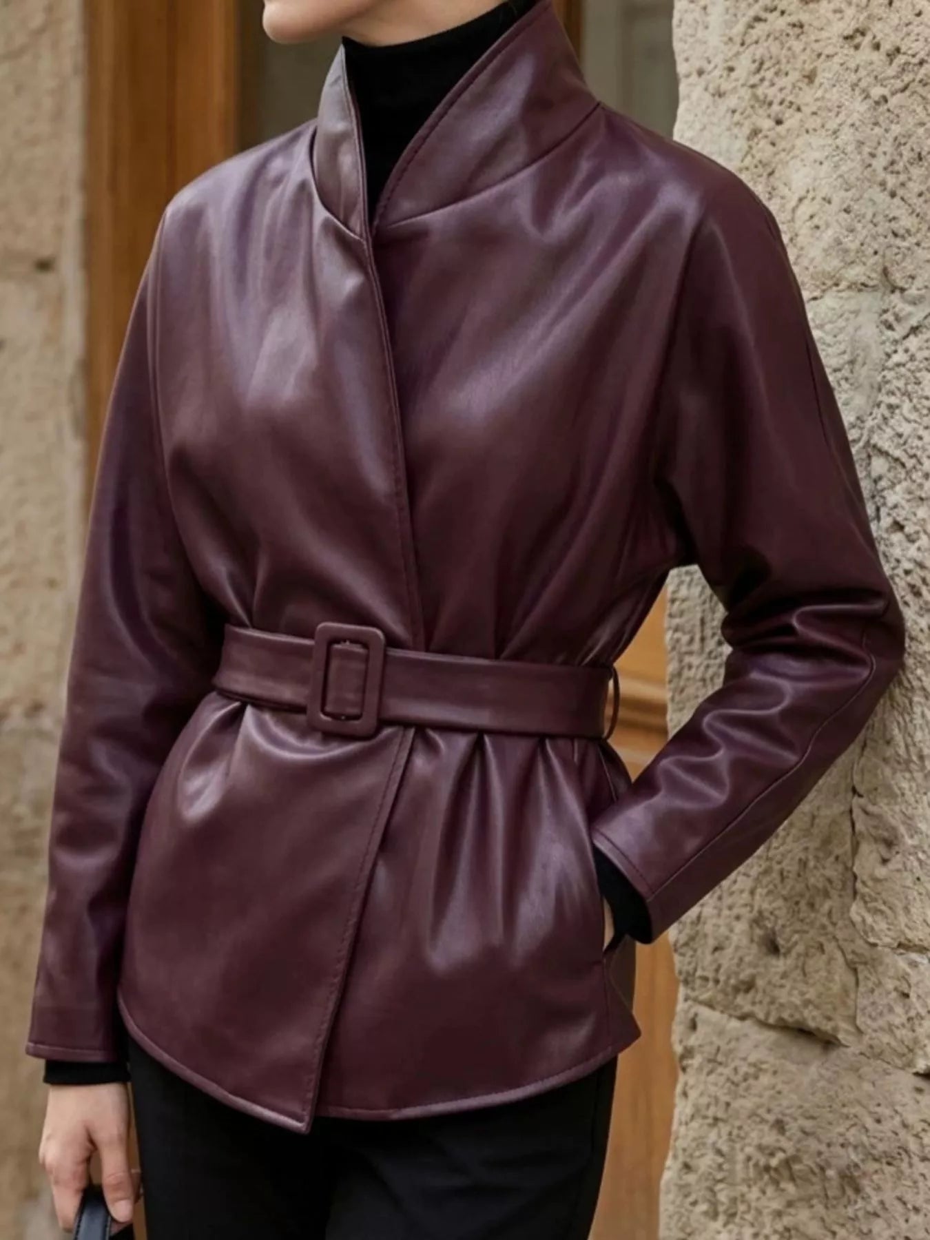 Trendsi Faux Leather Belted Jacket -