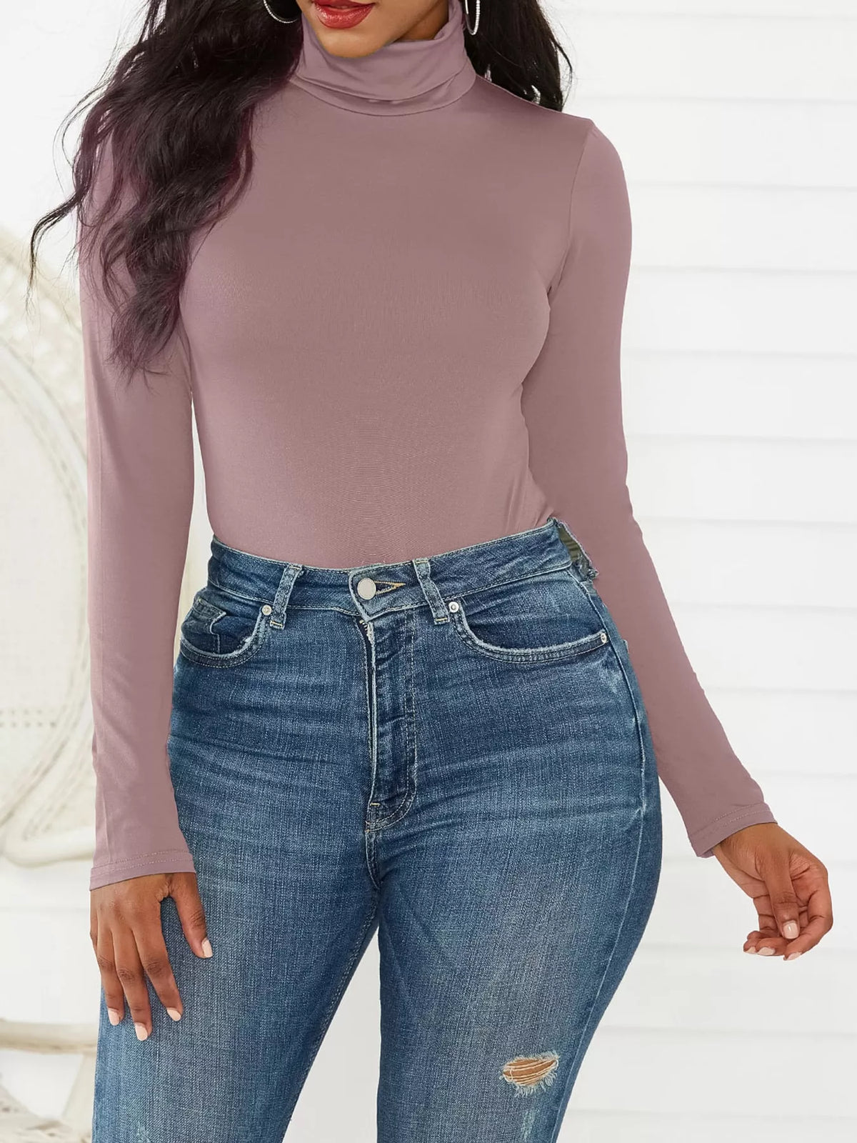 Long Sleeve Turtleneck Slim-Fit Bodysuit in apricot