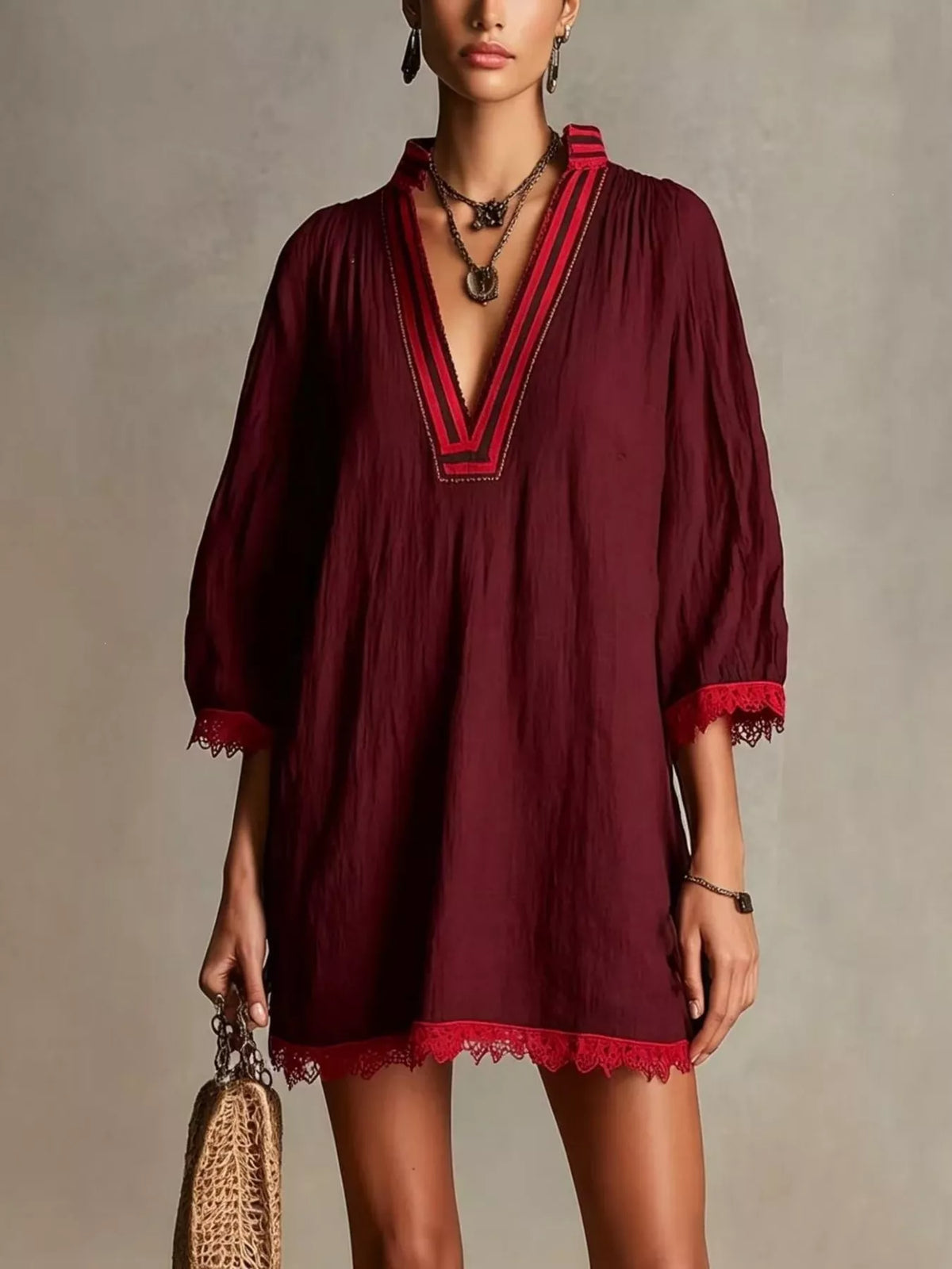 Wine Red Lace-Trim Notched Long Sleeve Mini Dress front view