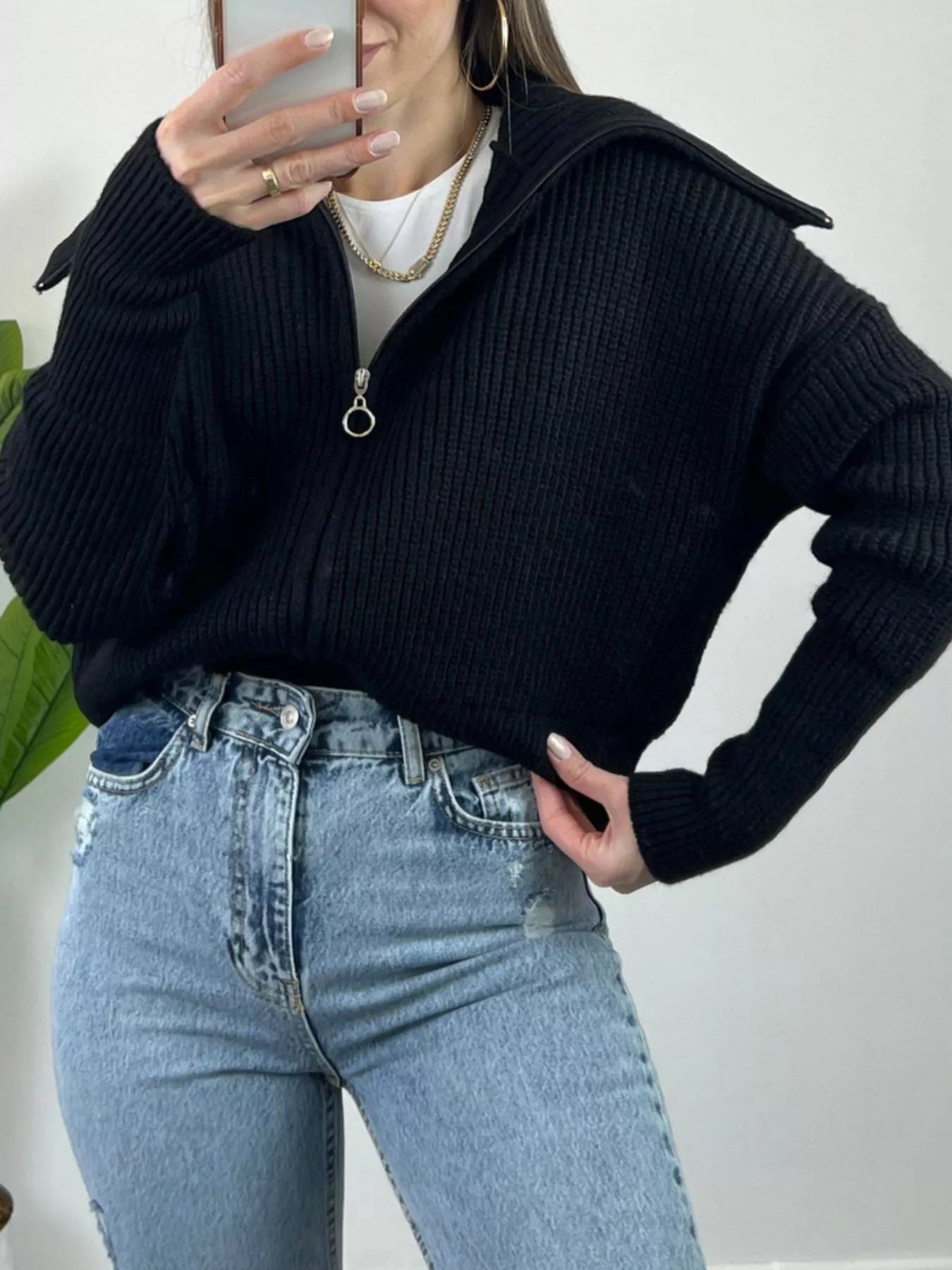 Trendsi Zip Up Dropped Shoulder Cardigan -