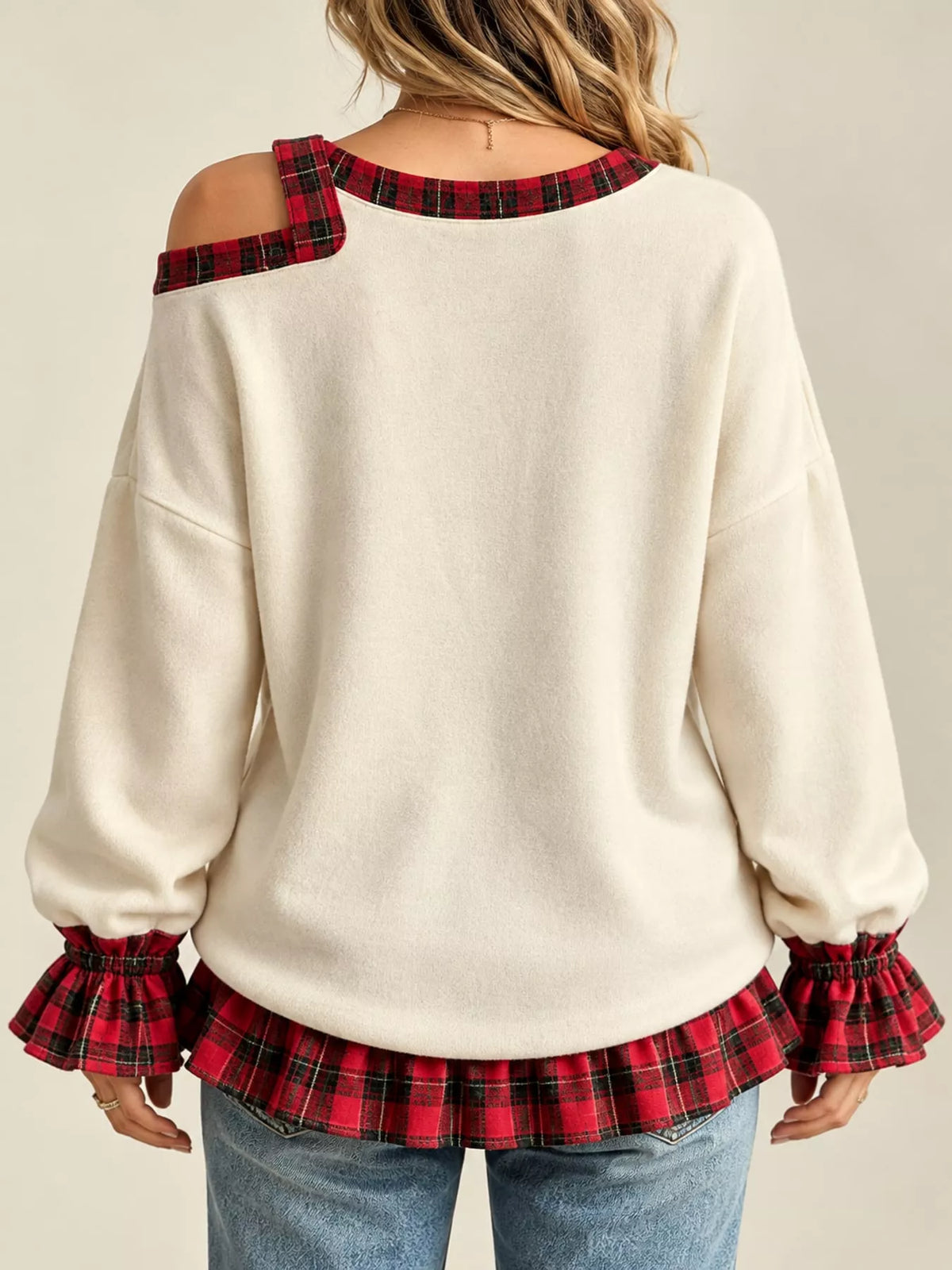 Plaid Ruffled Hem Asymmetrical Neck Sweatshirt in cream, back view