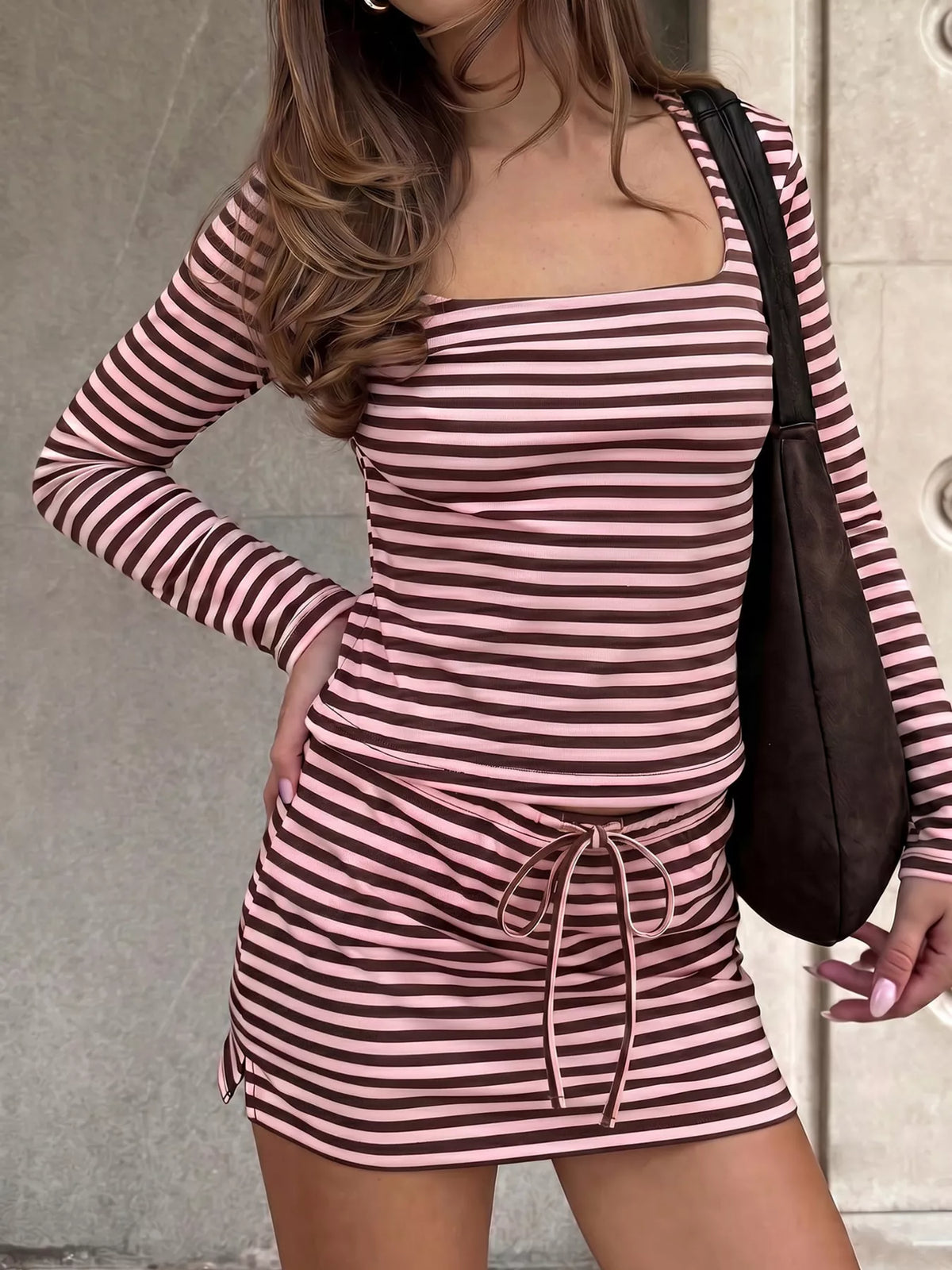 Striped Long Sleeve Square Neck Top and Mini Skirt Two-Piece Set in pink and burgundy, front view