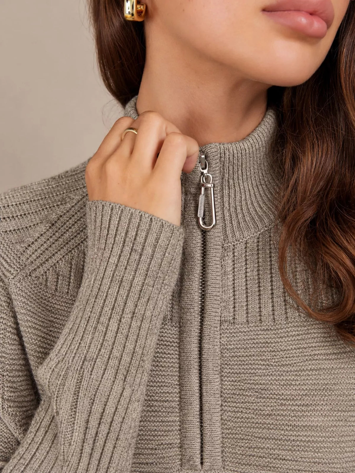 Taupe half-zip ribbed knit sweater dress — design and construction details