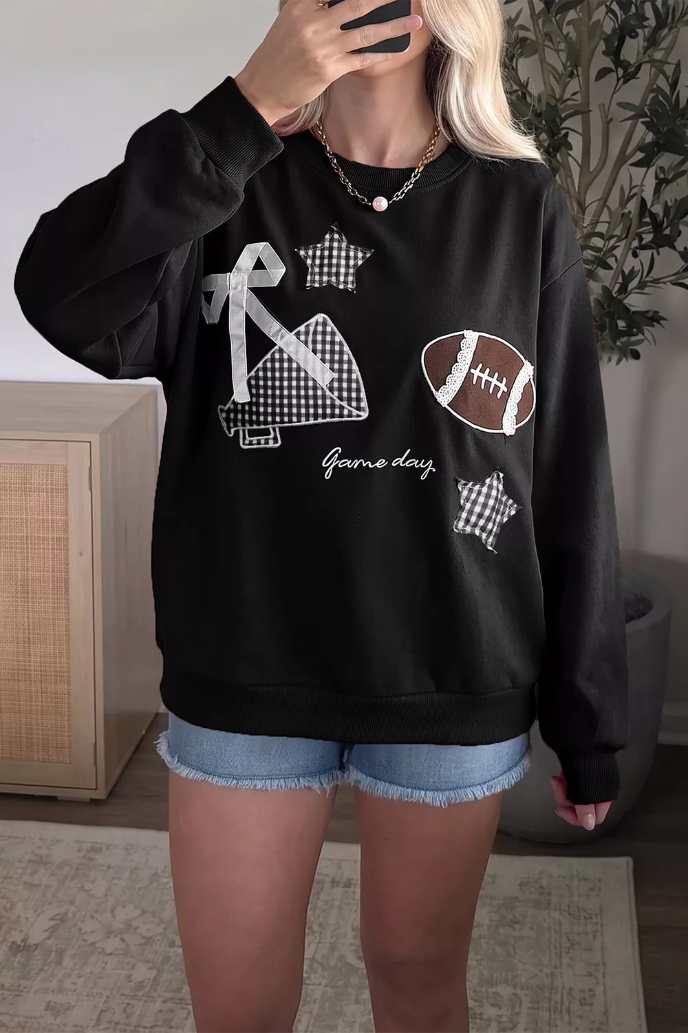 Trendsi Gingham Patch Embroidered Rugby Game Day Stars Sweatshirt -