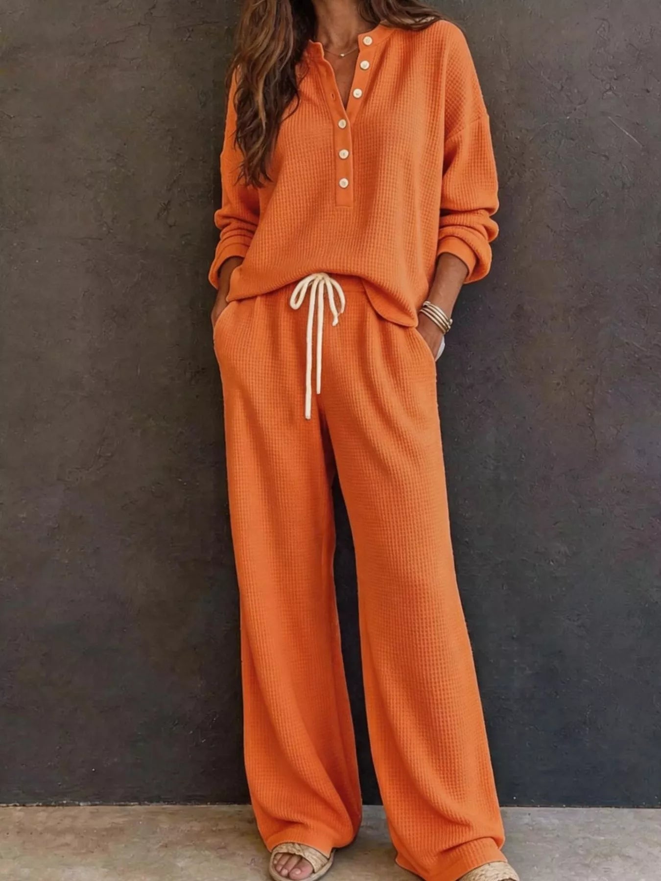 Trendsi Waffle Knit Henley Top and Wide Leg Pants Set -