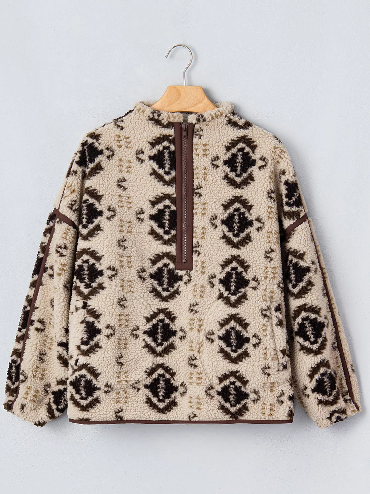 Aztec Print Quarter-Zip Sherpa Sweatshirt in khaki, front view