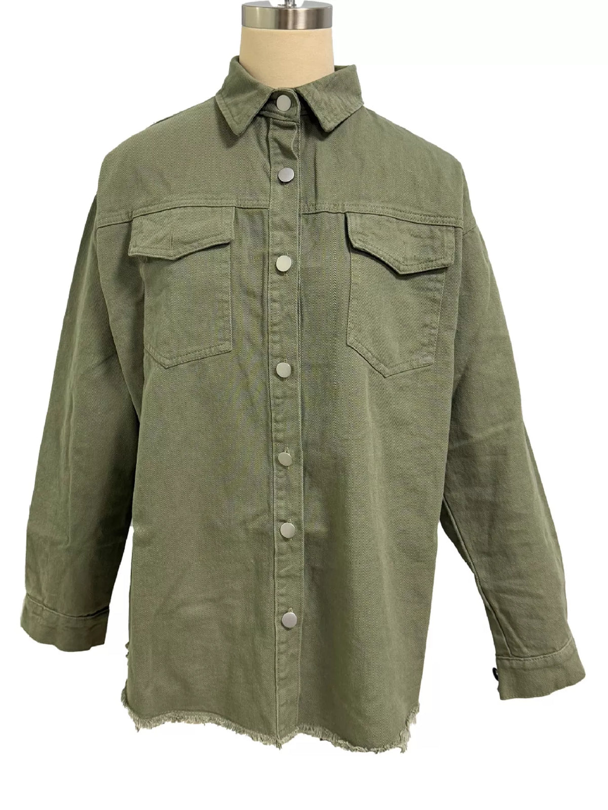 Green raw hem button-up denim jacket — front view