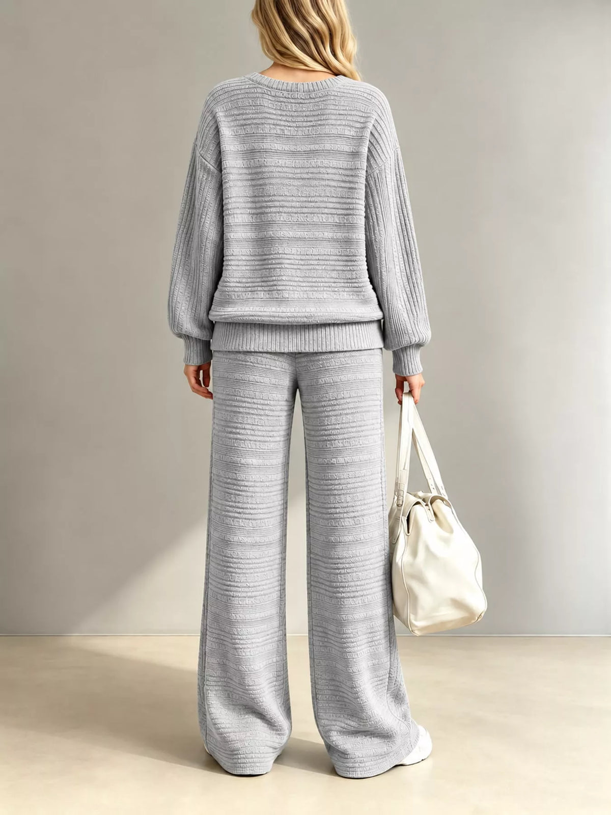 Ribbed Knit Top and Wide-Leg Pants Set — back view