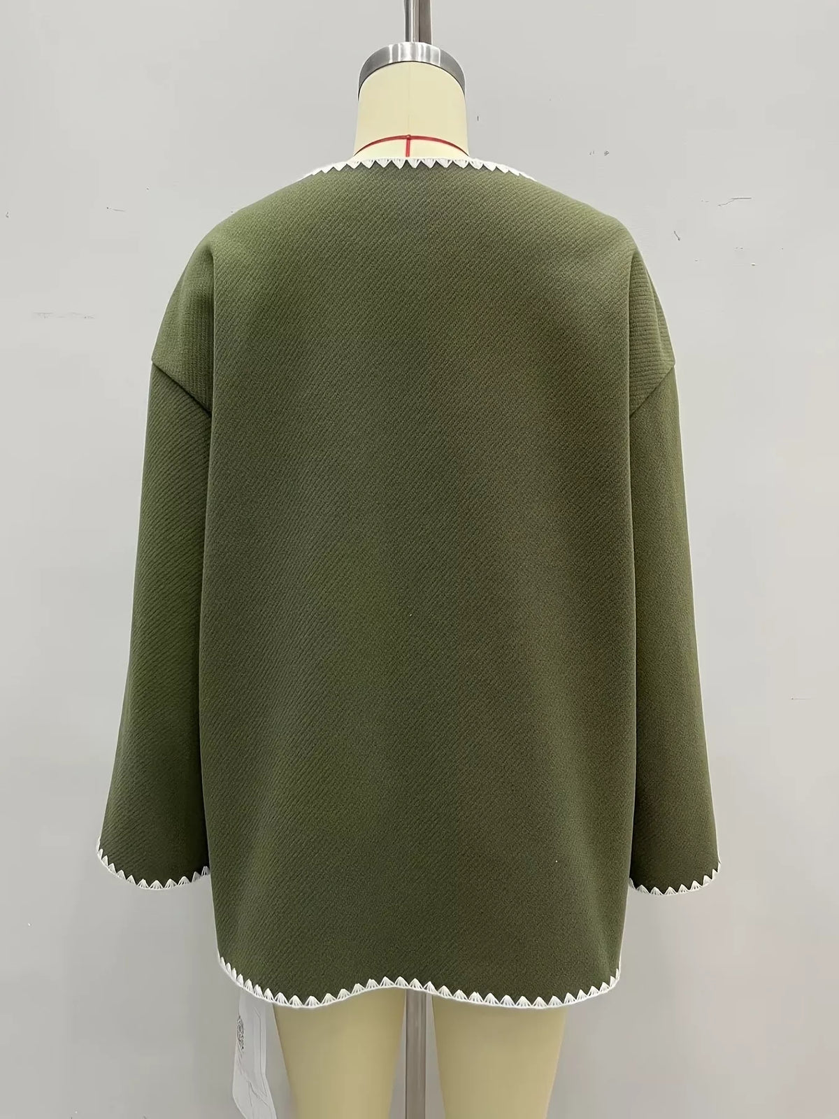 Olive green contrast trim button-front jacket, back view
