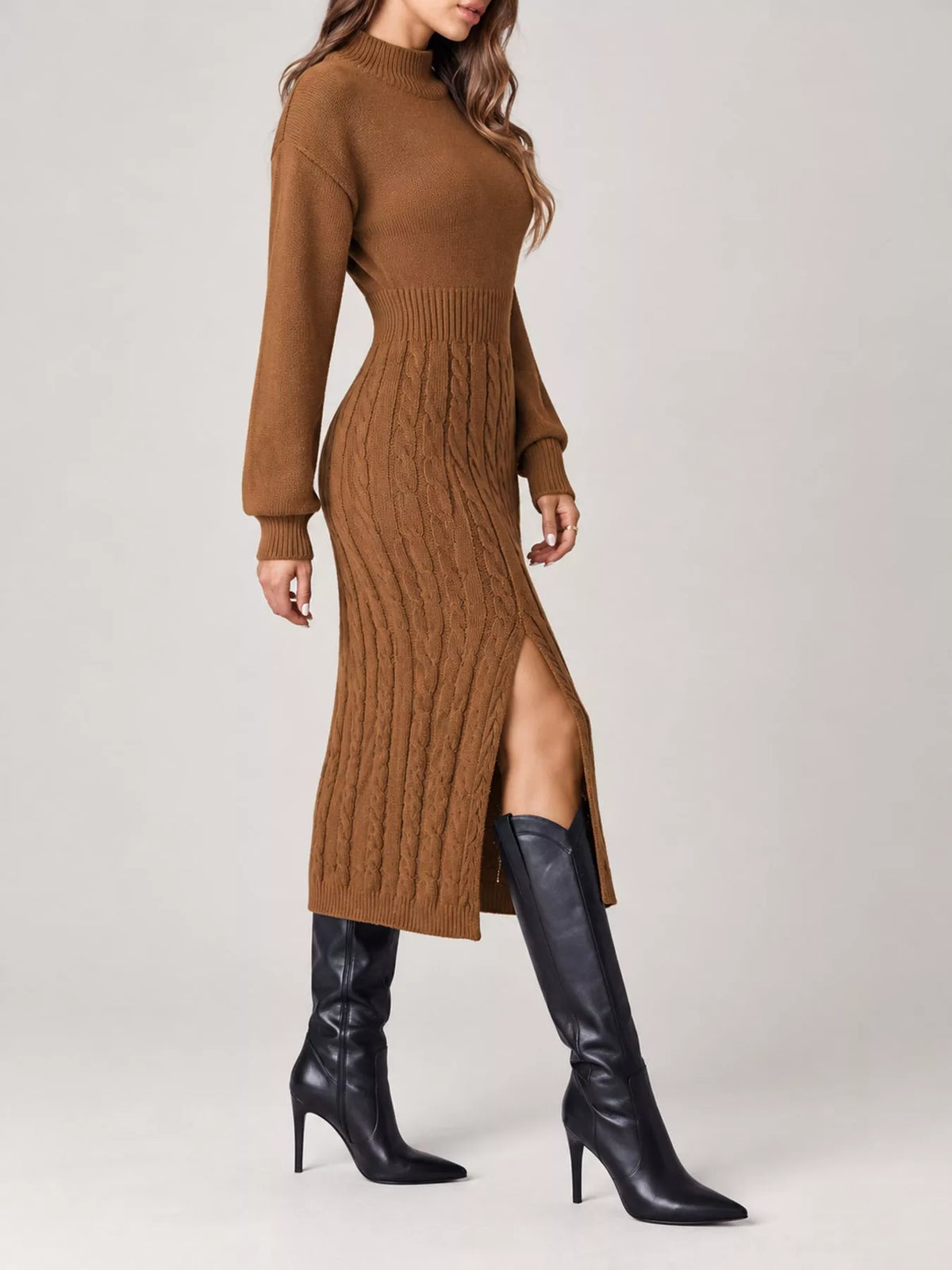 Women's Mock Neck Cable Knit Sweater Dress with Front Slit in brown — side view
