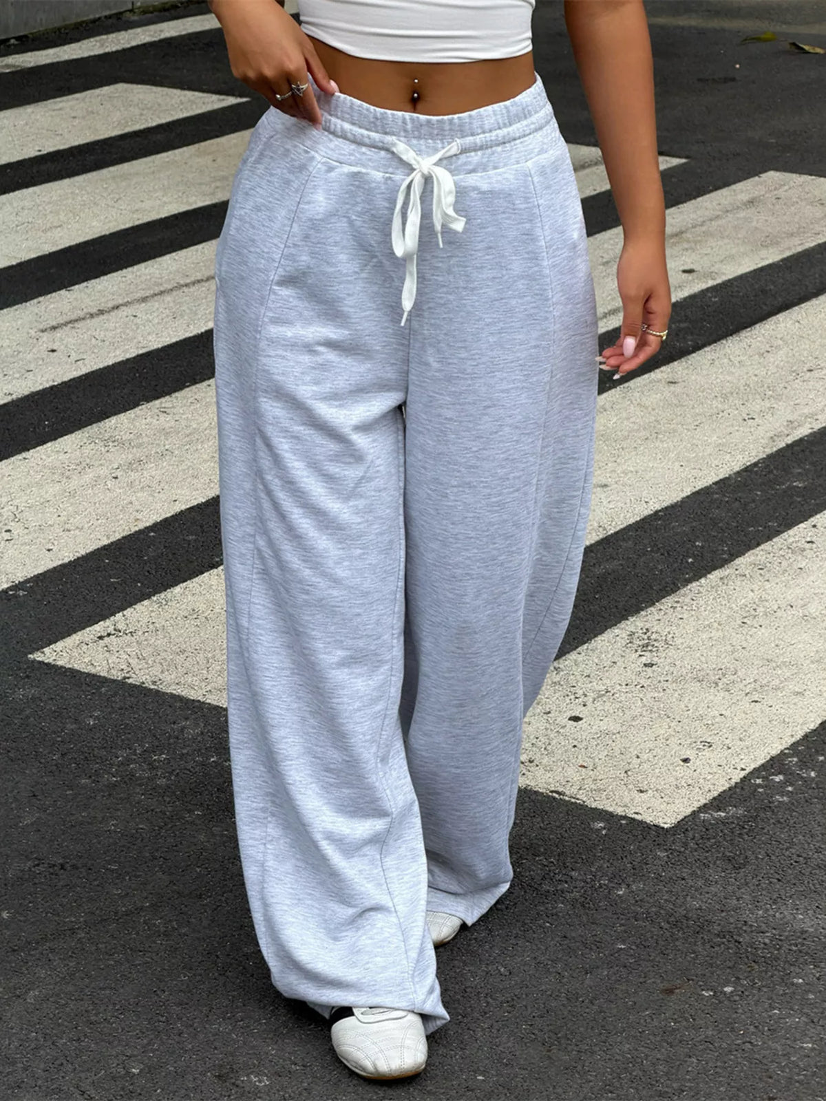 Drawstring Wide-Leg Pants in gray, front view
