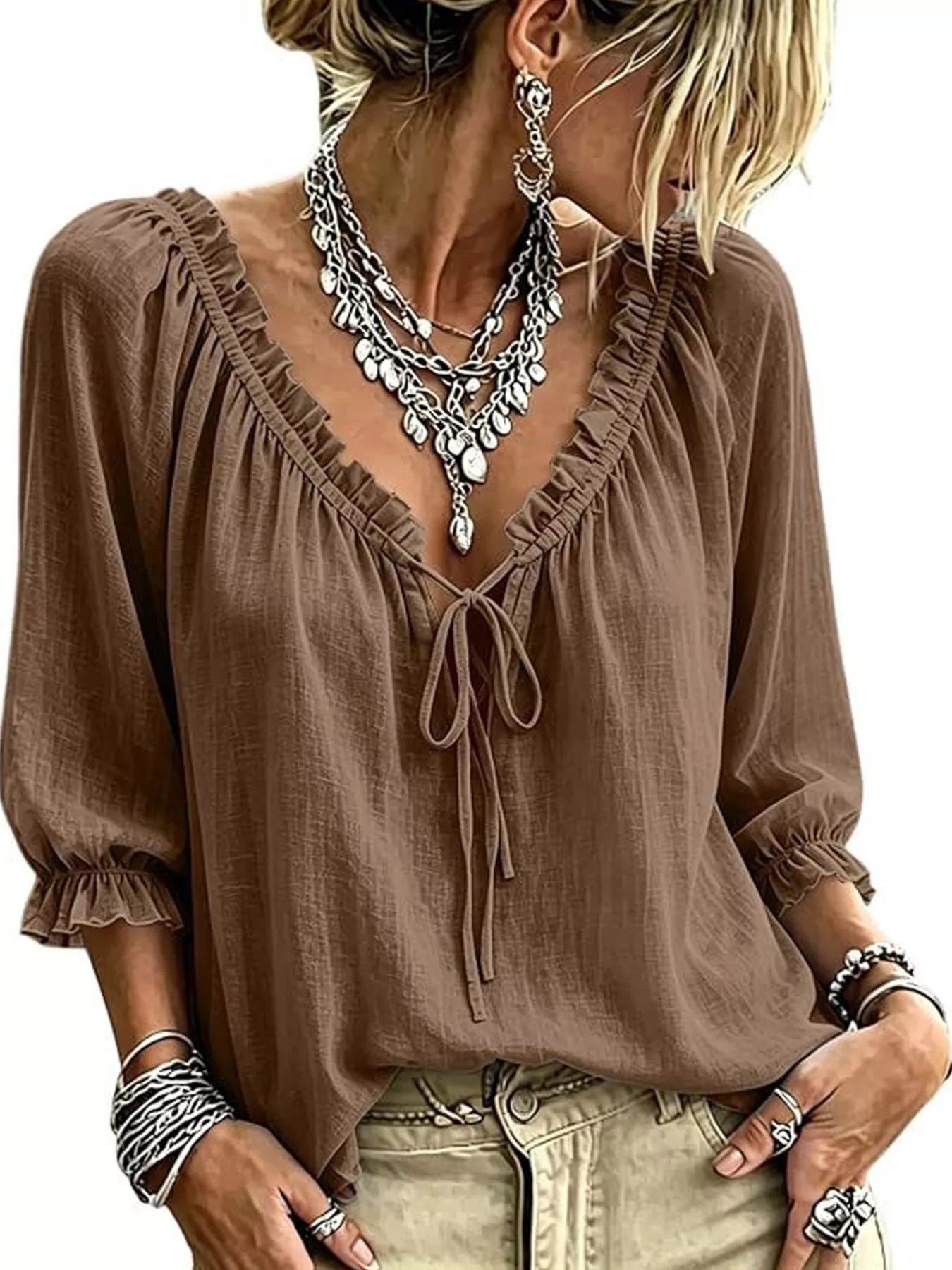 Trendsi Frill Tie Neck 3/4 Sleeve Blouse -