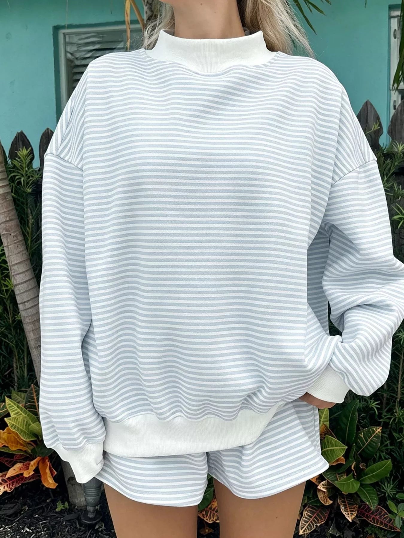 Trendsi Striped Mock Neck Sweatshirt and Shorts Set -