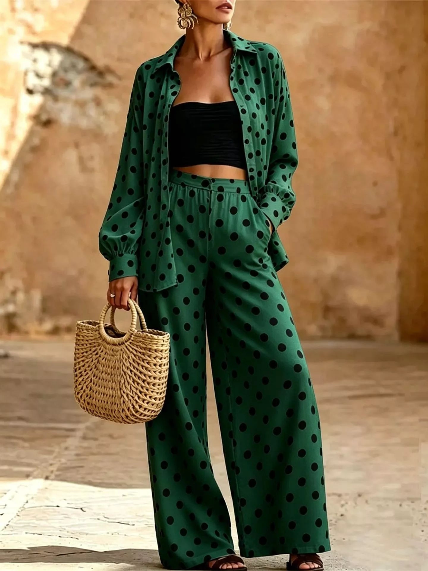 Trendsi Full Size Polka Dot Shirt and Wide-Leg Pants Set Plus Size -