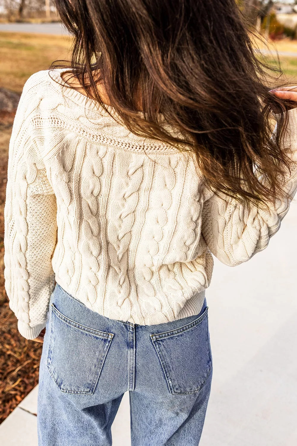 Trendsi Drop Shoulder Round Neck Cable Knit Sweater -