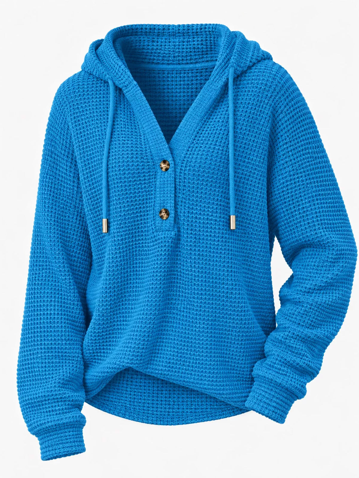 Blue waffle knit button-detail hoodie, product view