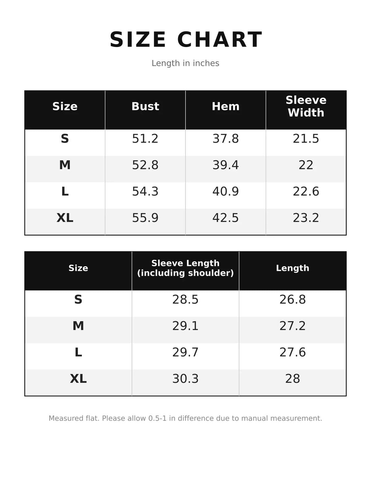 Collared long sleeve jacket, size and measurement chart